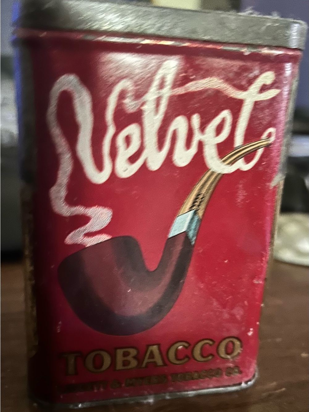 Velvet Red Tobacco Tin Wall Art with Pipe Graphic